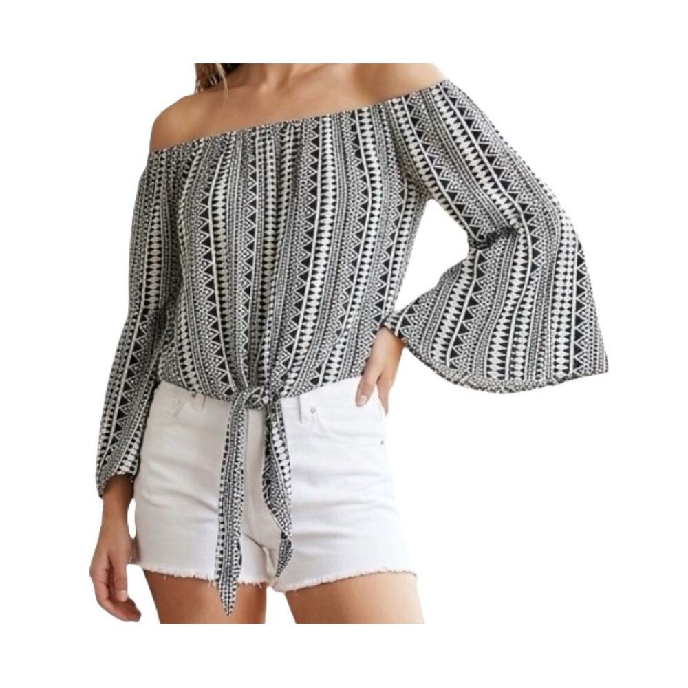 Elan Boho Tie Front Flutter Sleeve Crop Top Cream Black Rayon S